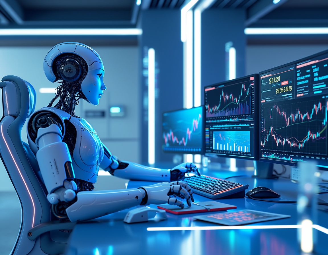 A humanoid AI trading bot analyzes market data at a high-tech workstation with multiple screens.