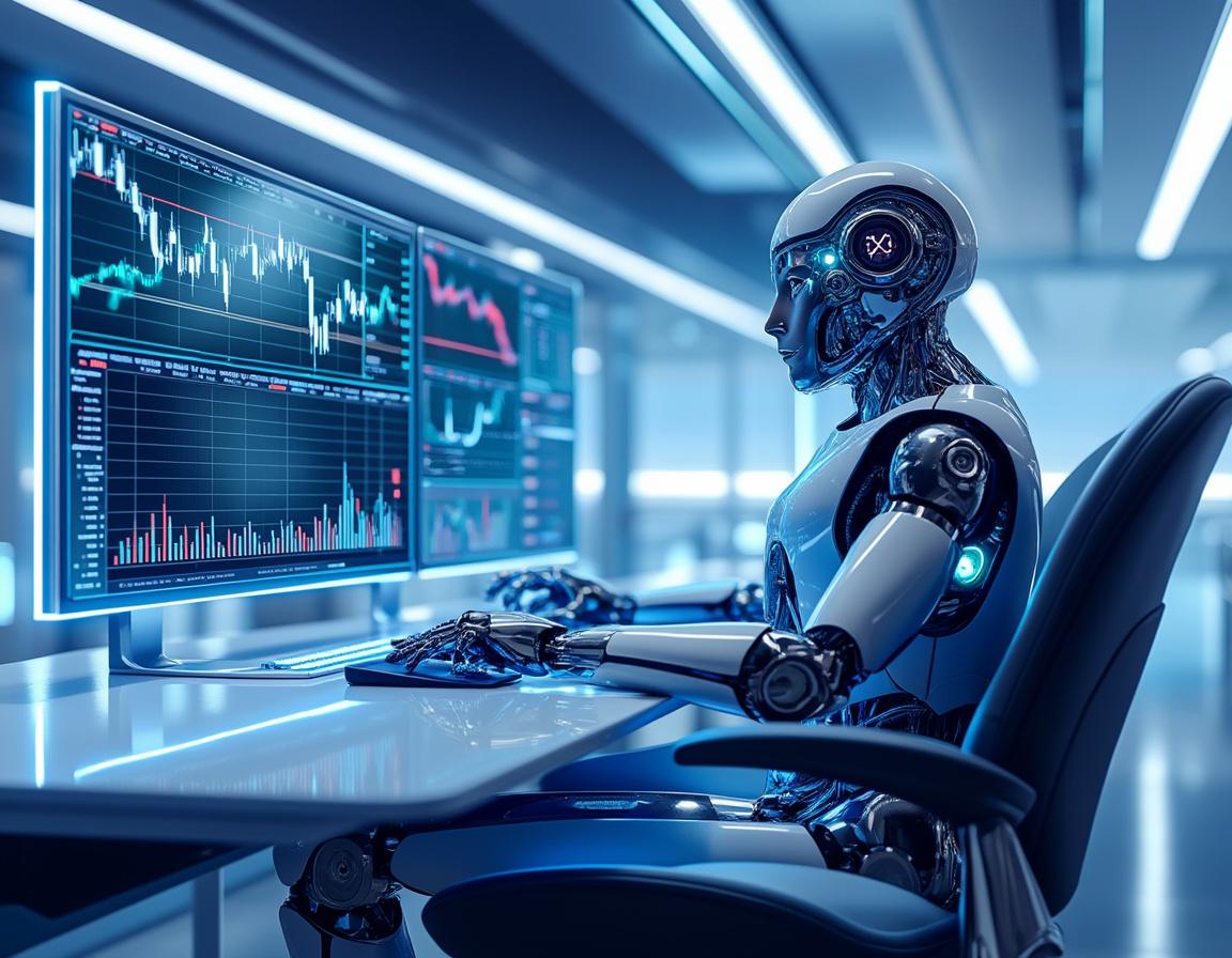 A humanoid AI trading bot analyzes market data at a high-tech workstation with multiple screens.