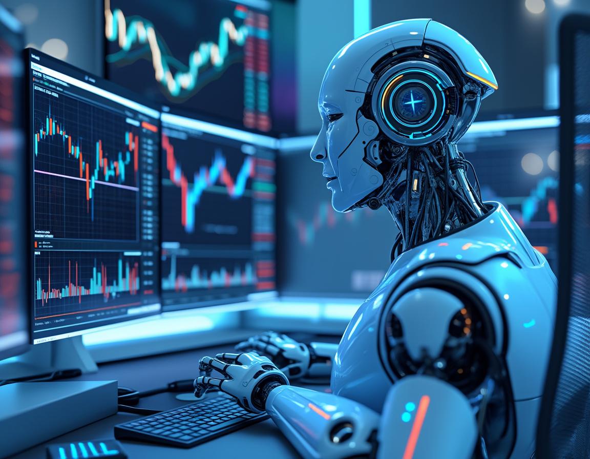 A humanoid AI trading bot analyzes market data at a high-tech workstation with glowing screens.