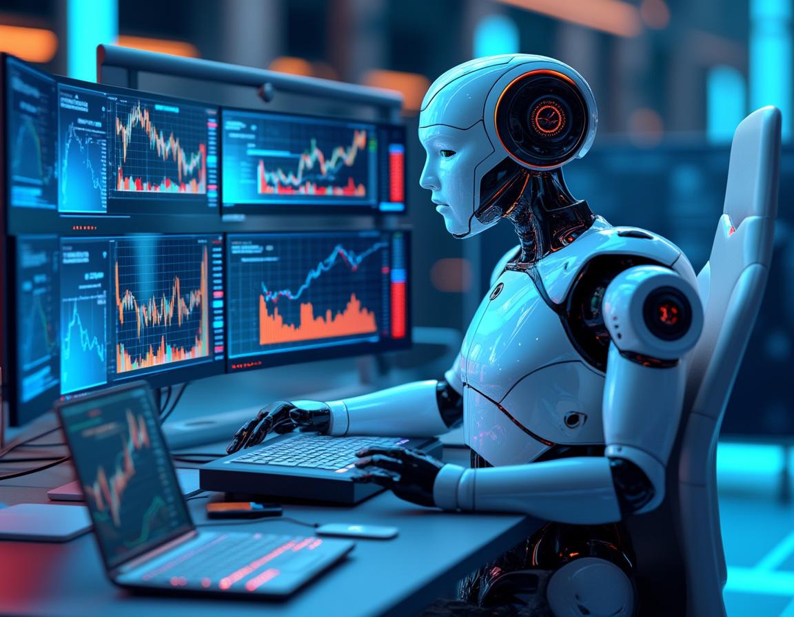 A humanoid AI trading bot at a high-tech workstation analyzing market data on multiple screens.