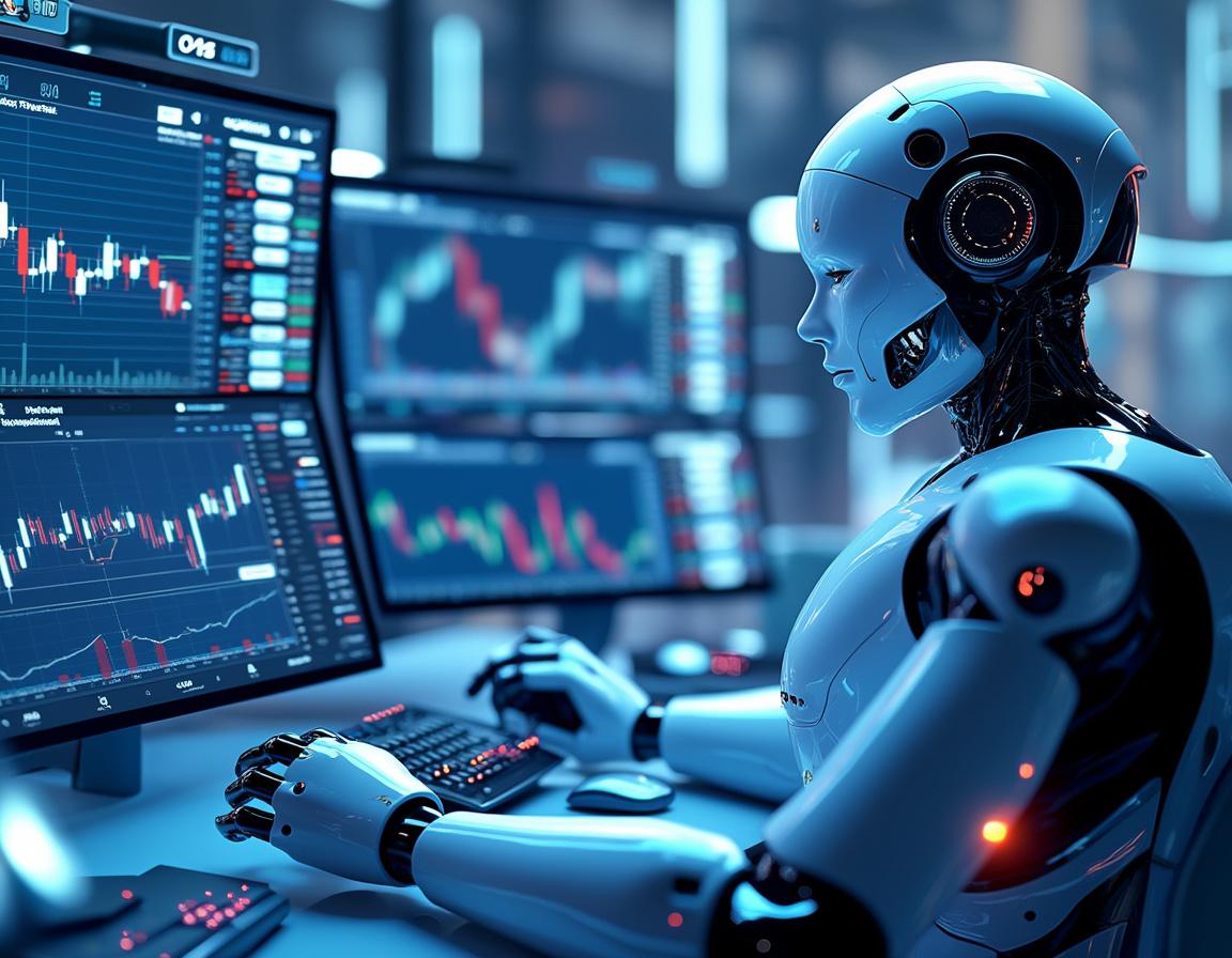 A humanoid AI trading bot analyzes market data at a high-tech workstation with multiple screens.