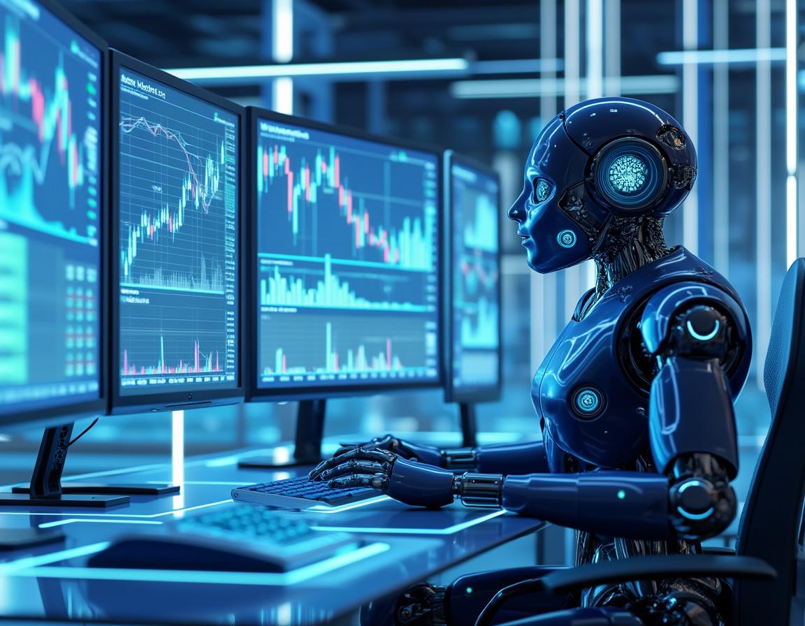 A sleek AI trading bot at a high-tech workstation analyzes market trends across multiple screens.