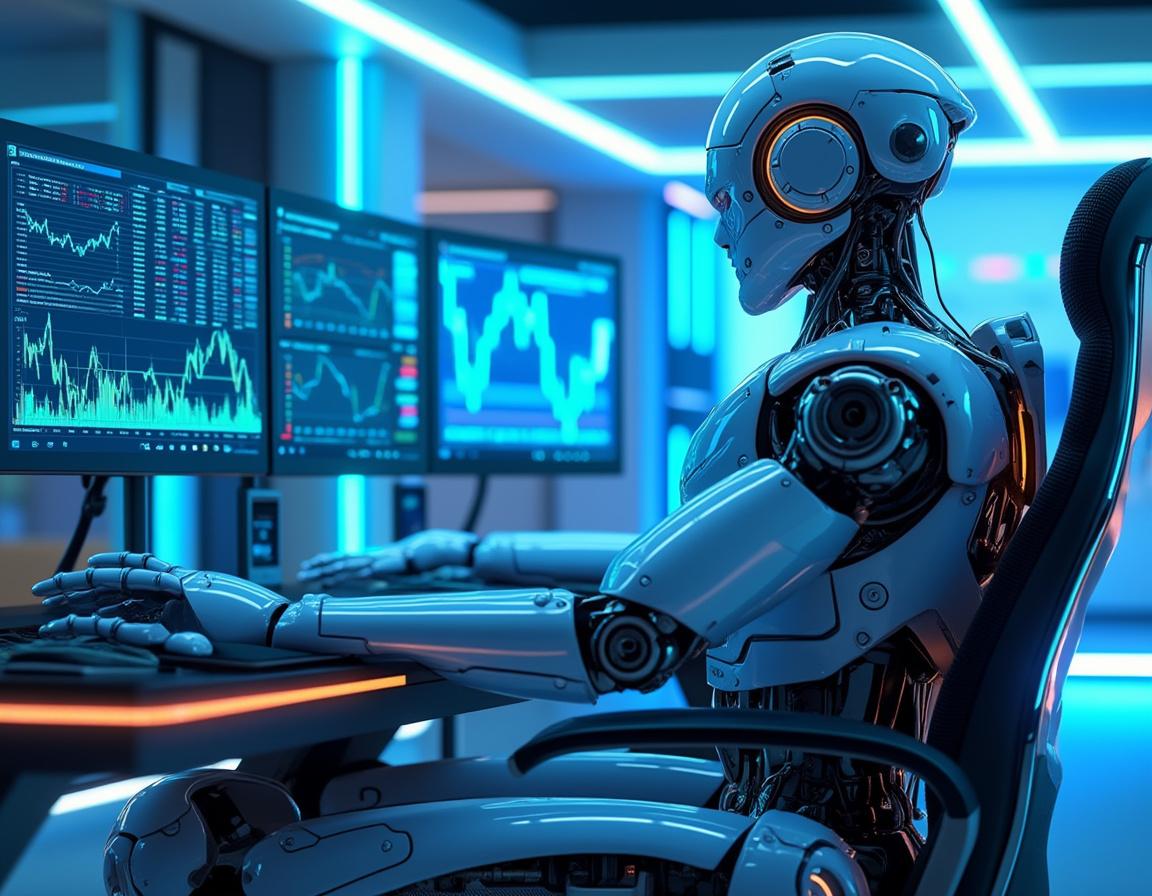A hyper-realistic AI trading bot at a workstation, analyzing crypto market data on multiple screens.
