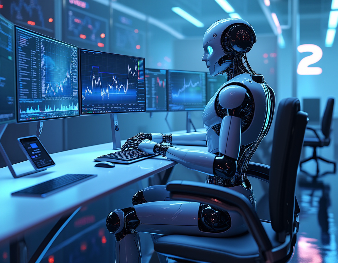 A humanoid AI trading bot in a futuristic setting analyzes market data on multiple glowing screens.
