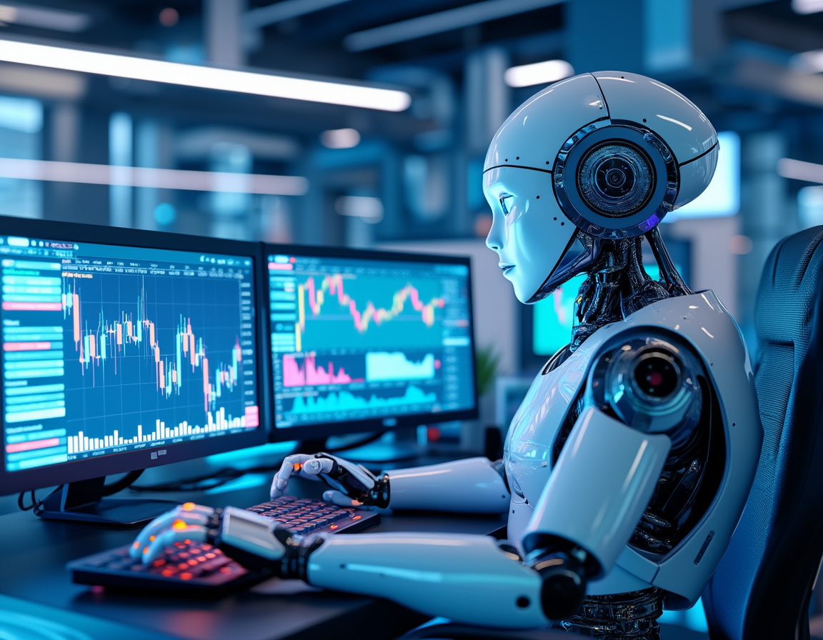 A hyper-realistic AI trading bot at a high-tech workstation analyzing crypto and stock market data.