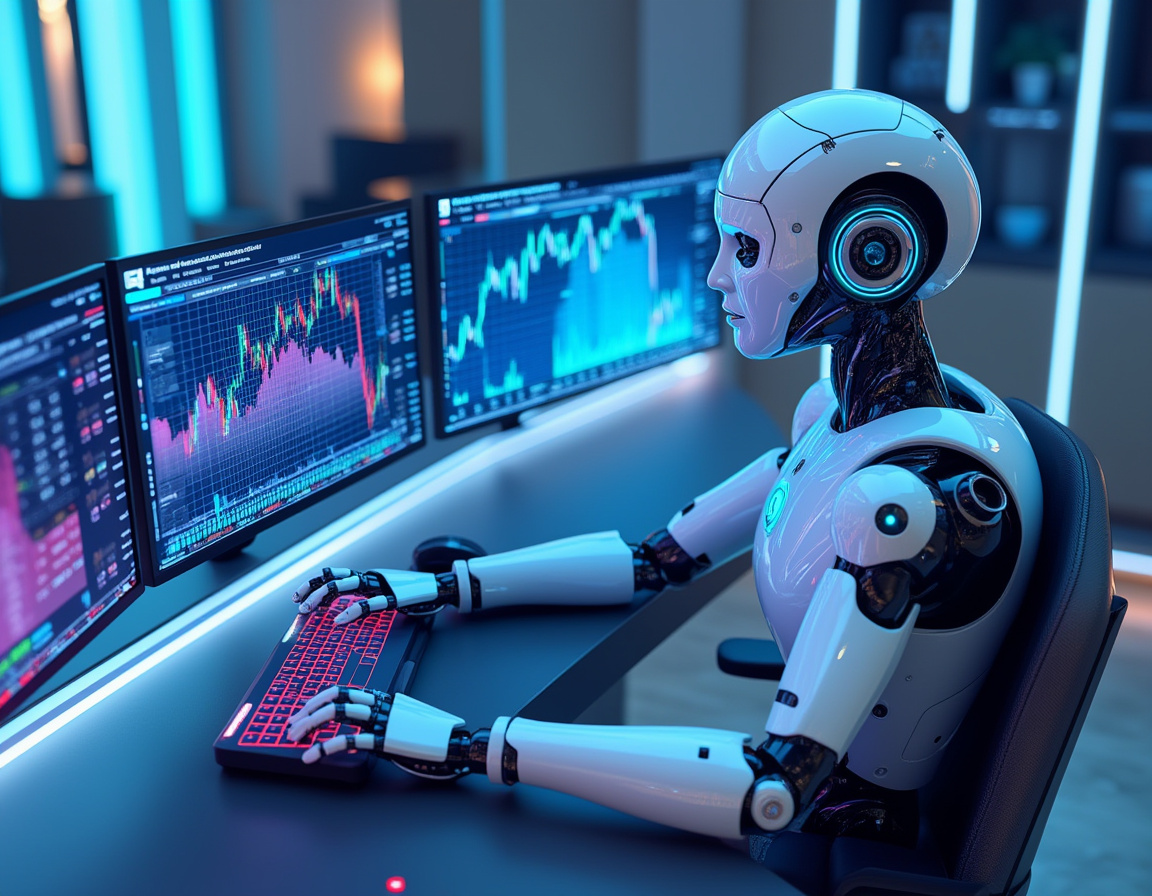 A hyper-realistic AI trading bot at a high-tech workstation, analyzing stock and crypto market data.