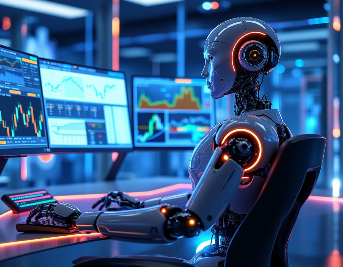 A humanoid AI trading bot analyzes market data at a futuristic workstation with multiple screens.