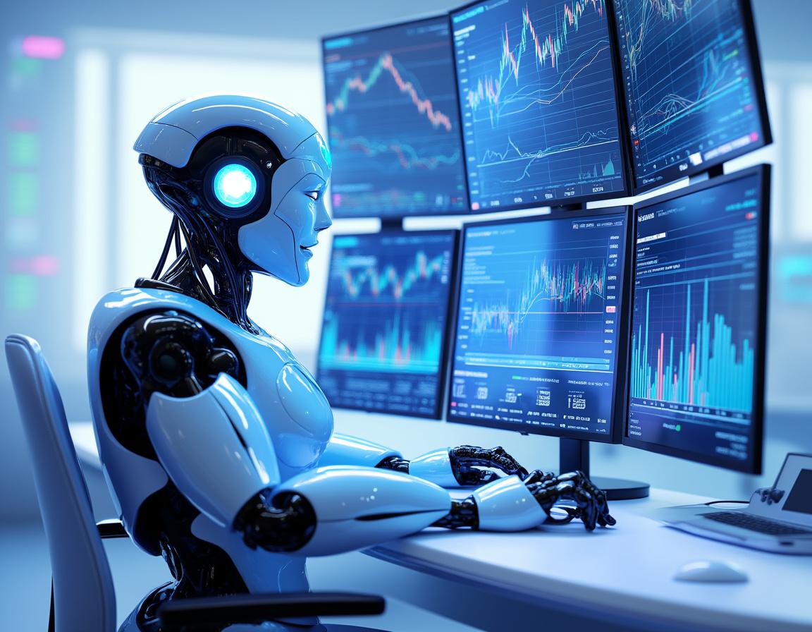 A hyper-realistic AI trading bot at a workstation analyzing market data on multiple screens.
