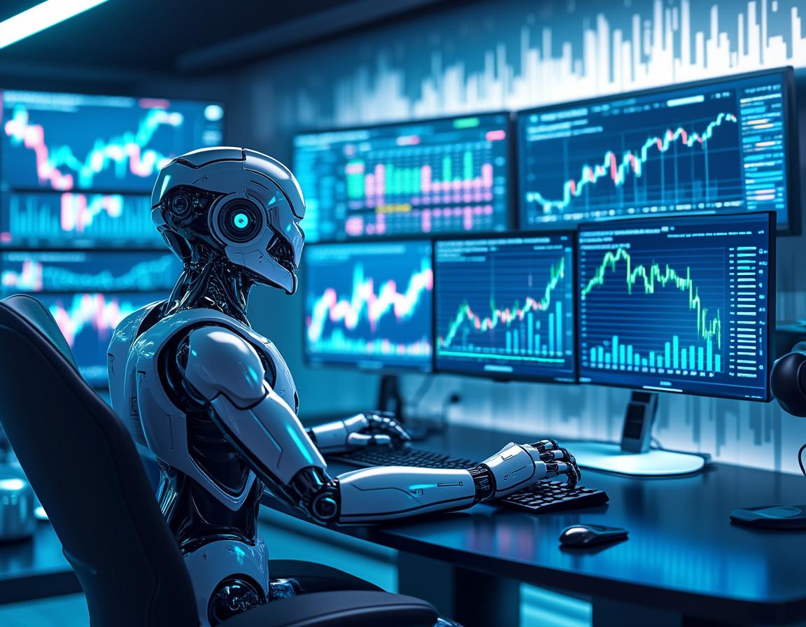 A humanoid AI trading bot at a high-tech workstation analyzes market data on multiple screens.