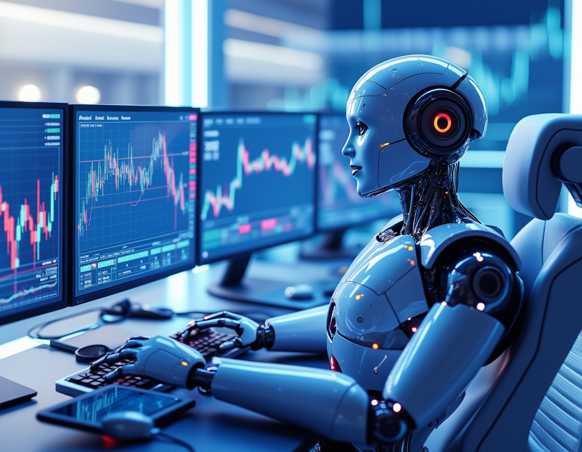 A hyper-realistic AI trading bot in a high-tech environment analyzing stock and crypto markets.