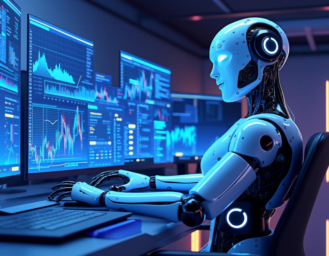 A humanoid AI trading bot at a futuristic workstation analyzing market data on multiple screens.
