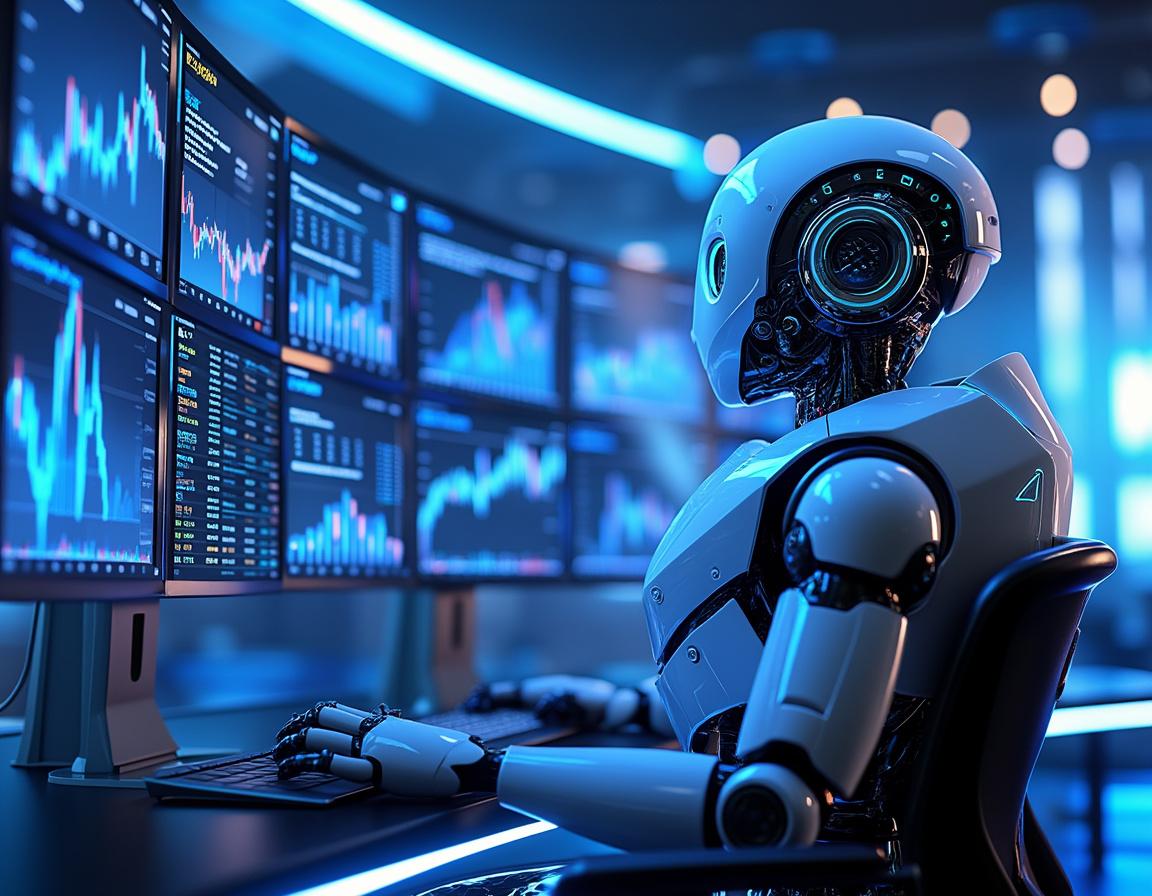 A hyper-realistic AI trading bot analyzes market data at a sleek workstation with multiple screens.