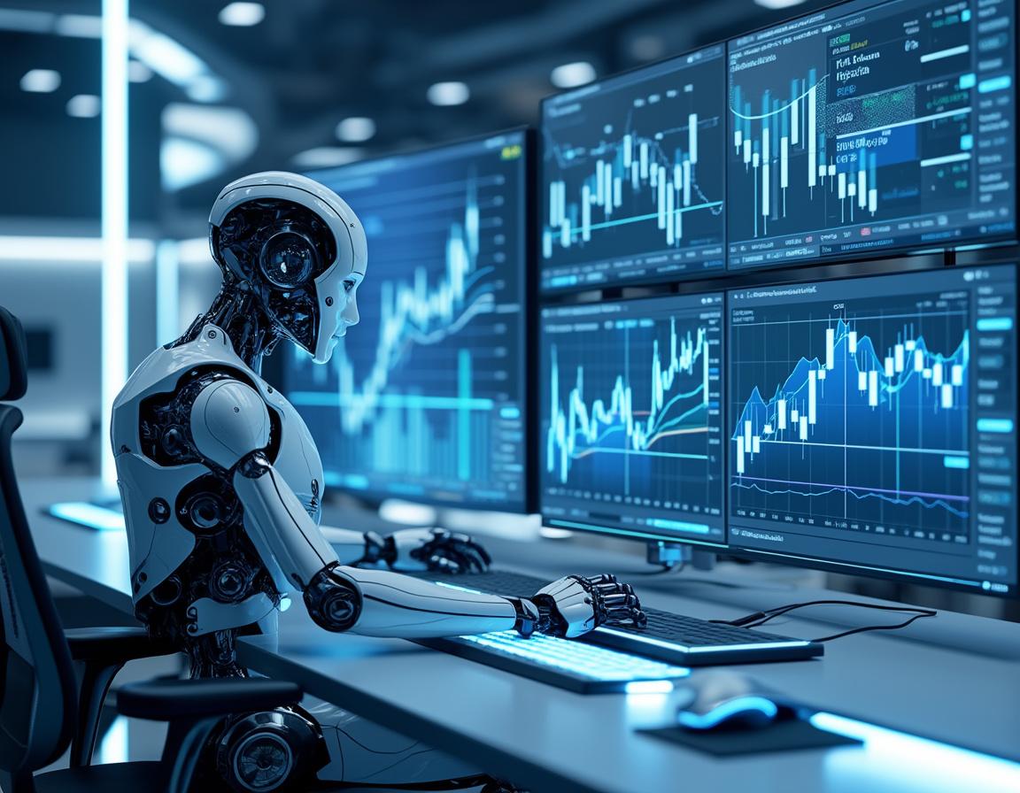 Hyper-realistic AI trading bot at a high-tech workstation analyzing crypto data on multiple screens.