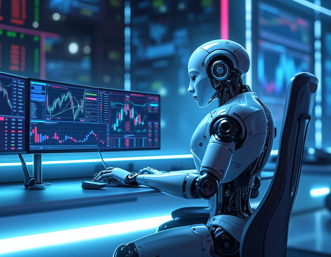 A humanoid AI trading bot at a futuristic workstation, analyzing market data on multiple screens.