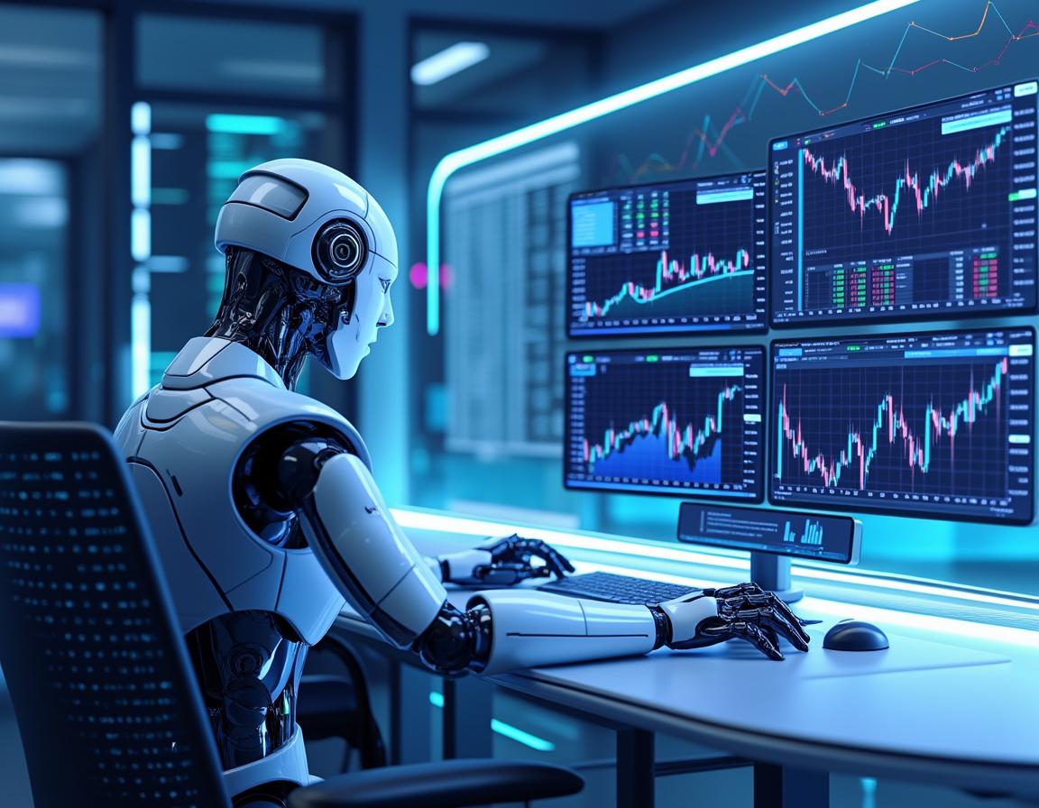 A hyper-realistic AI trading bot at a workstation analyzing market data amid screens of charts.