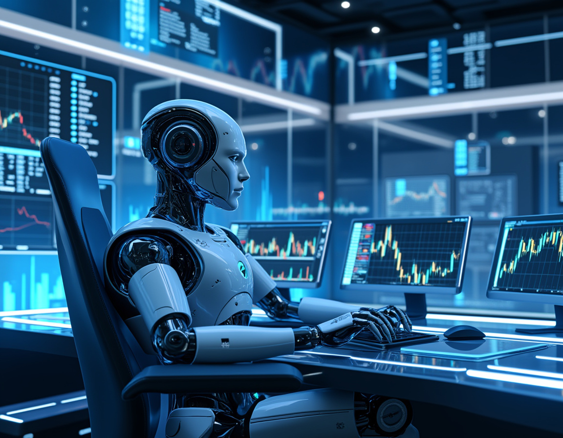 A humanoid AI trading bot at a high-tech workstation analyzing cryptocurrency and stock market data.