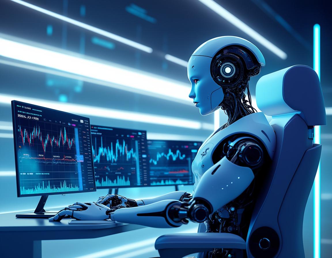 A humanoid AI trading bot analyzes market data at a sleek workstation with multiple digital screens.