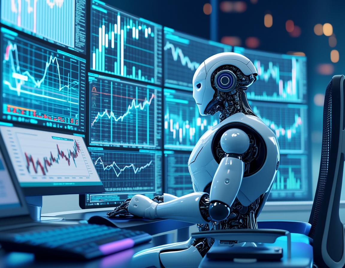 A hyper-realistic AI trading bot at a futuristic workstation analyzing crypto and stock market data.