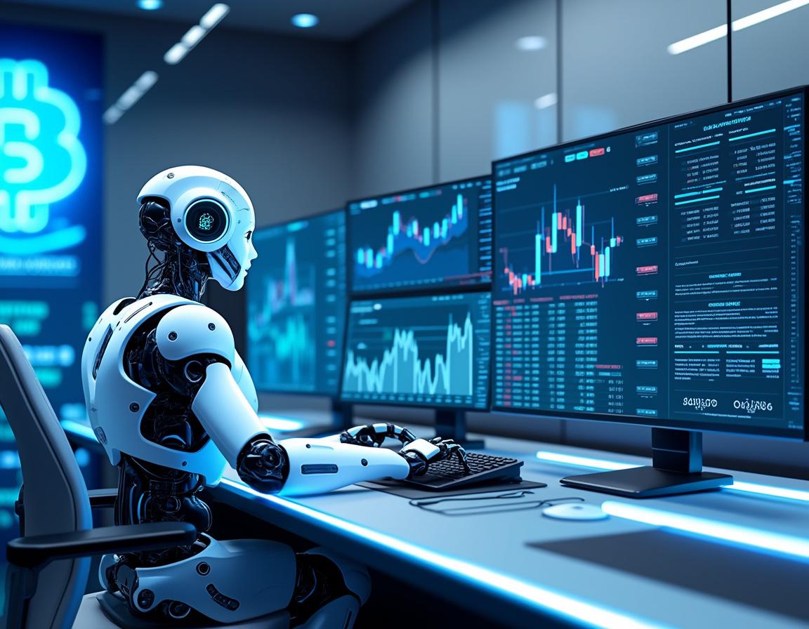 Hyper-realistic AI trading bot at a high-tech workstation analyzing market data on multiple screens.