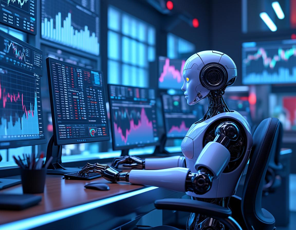 A detailed 3D rendering of an AI trading bot analyzing crypto and stock data on multiple screens.