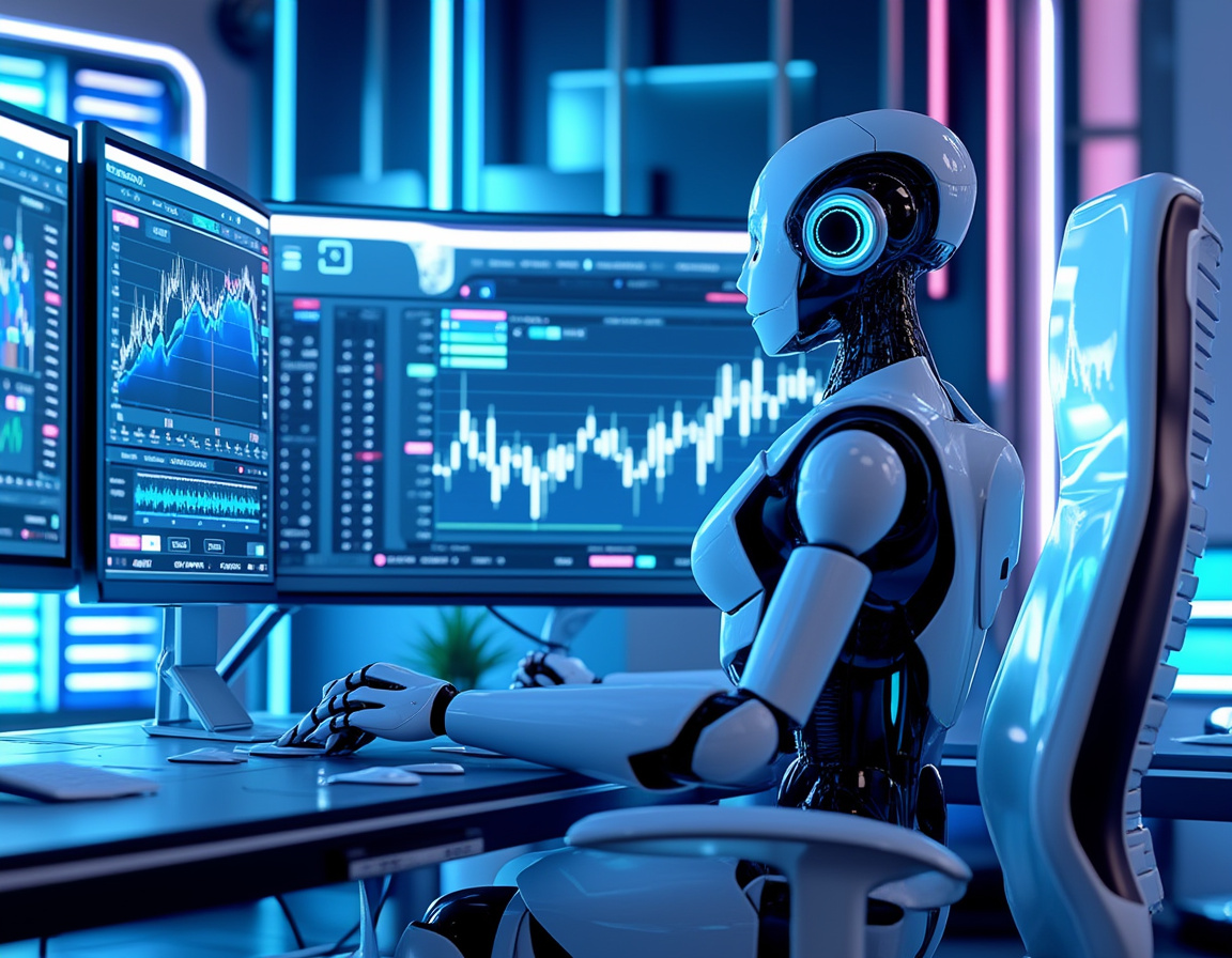 A hyper-realistic AI trading bot in a futuristic environment analyzing stock and crypto market data.