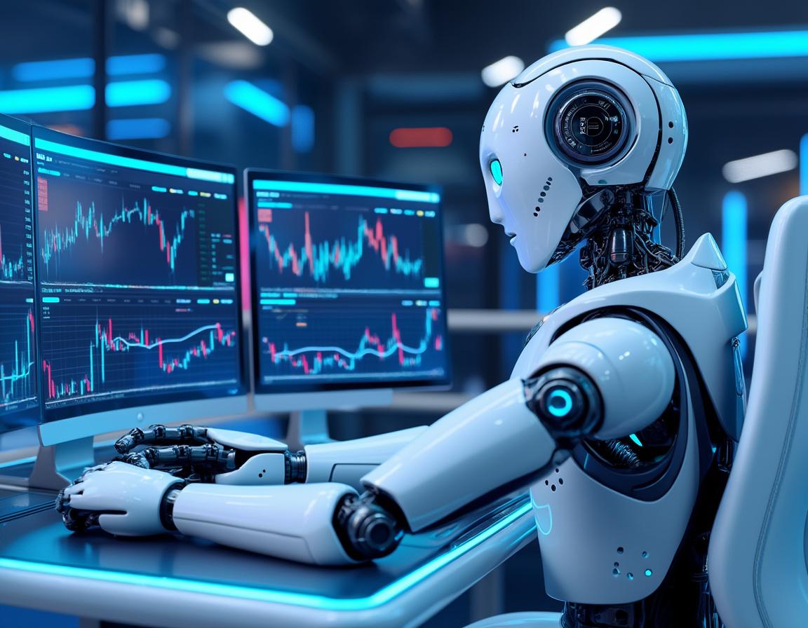 A humanoid AI trading bot at a high-tech workstation analyzing market data on multiple screens.