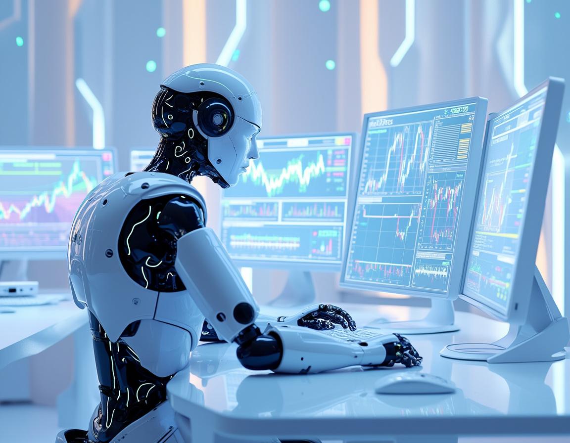 A hyper-realistic AI trading bot analyzes market data at a modern workstation with multiple screens.