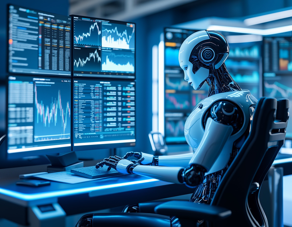 A hyper-realistic AI trading bot analyzing market data at a sleek workstation with multiple screens.