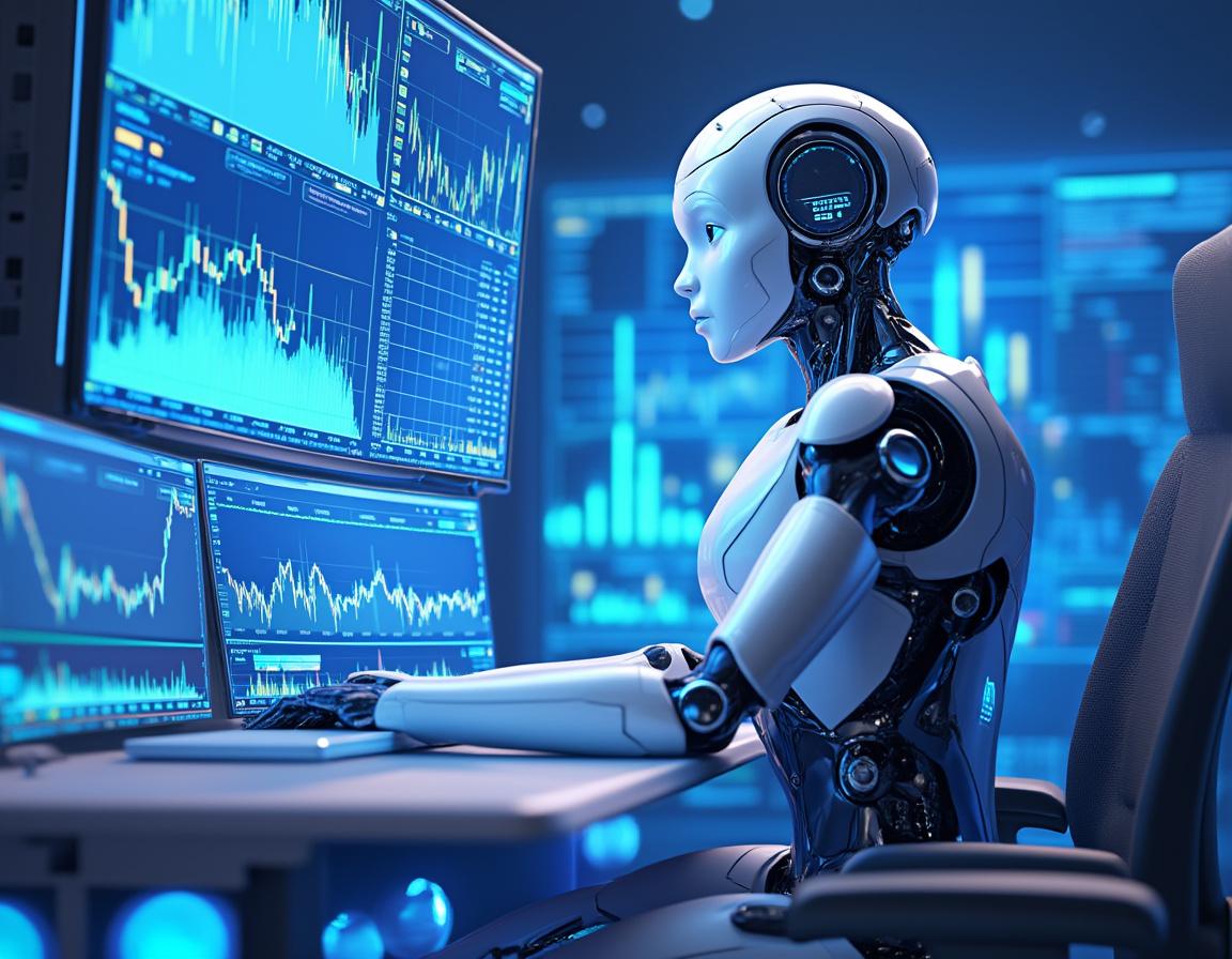A humanoid AI trading bot analyzes market data at a futuristic workstation with multiple screens.