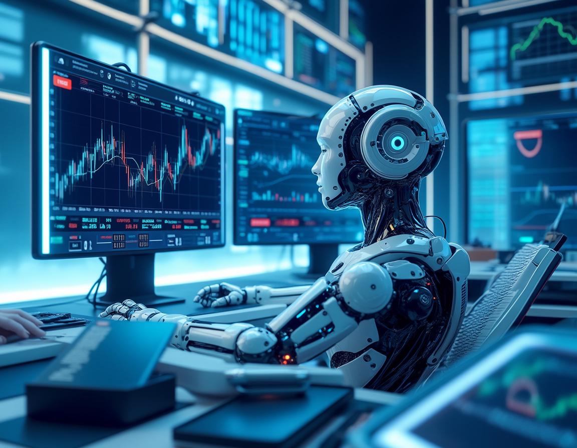 A hyper-realistic AI trading bot in a futuristic workspace analyzes market data on multiple screens.