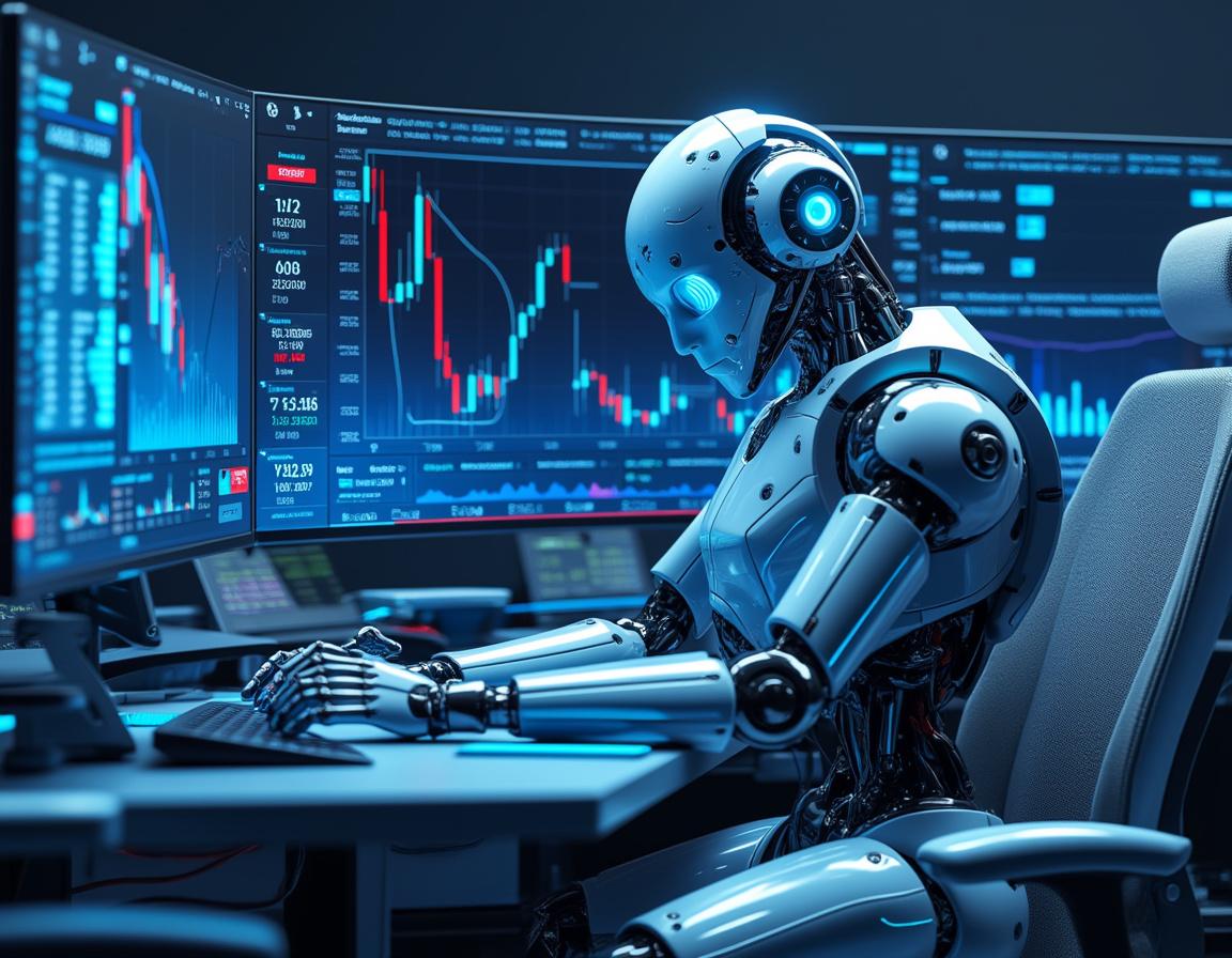 A hyper-realistic AI trading bot at a workstation analyzing crypto market data on multiple screens.