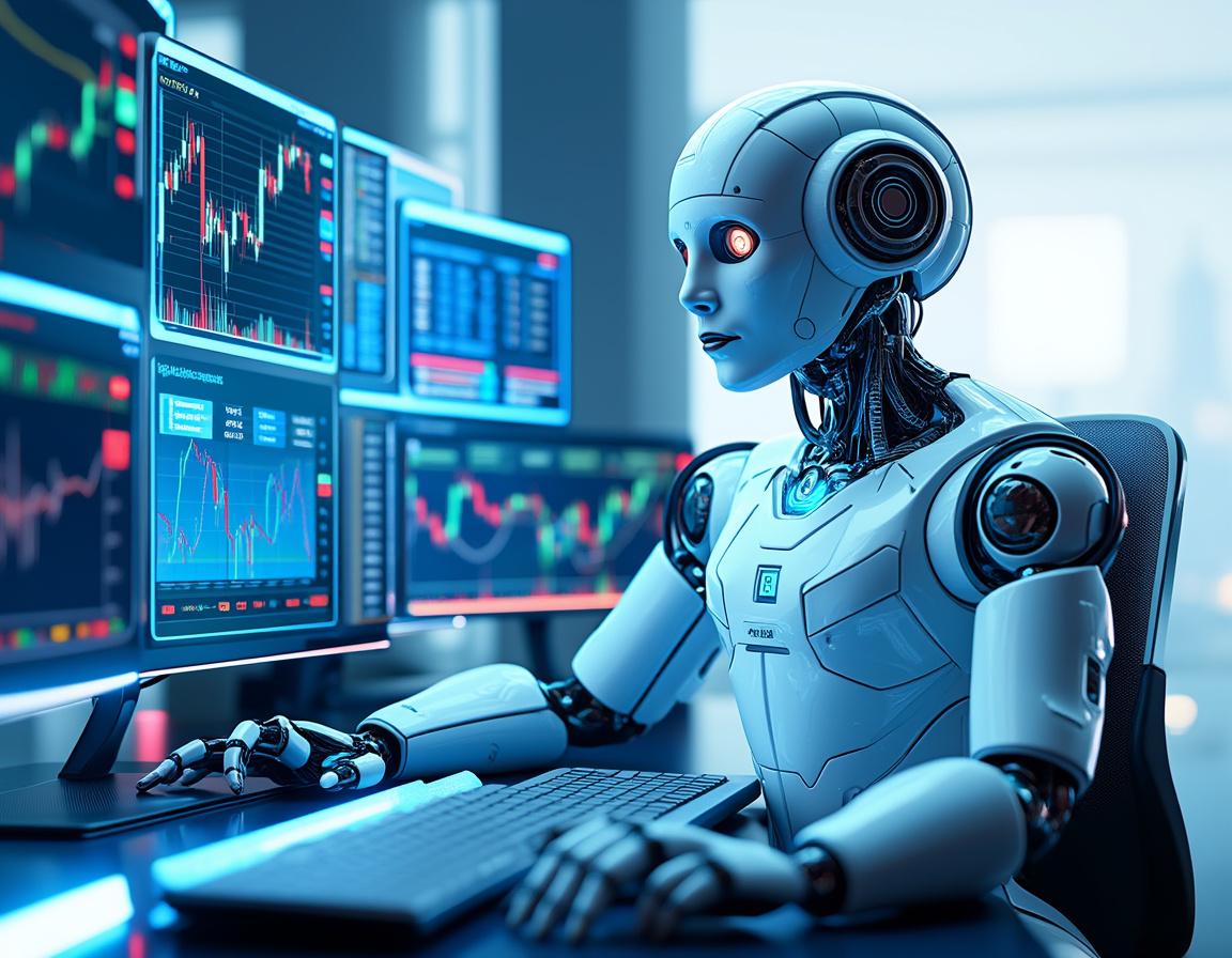 A hyper-realistic AI trading bot at a workstation, analyzing market data on multiple screens.