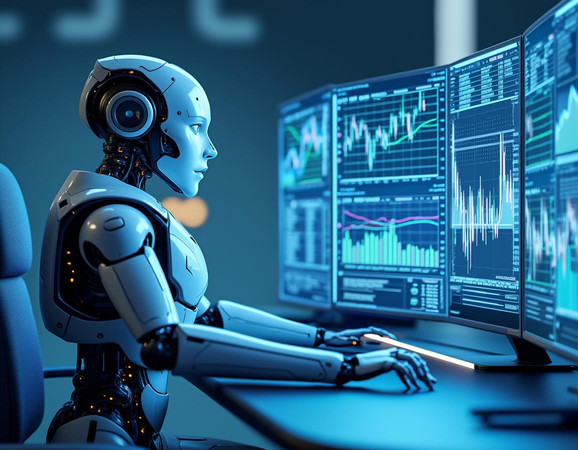 A hyper-realistic AI trading bot at a workstation, analyzing market data on multiple screens.