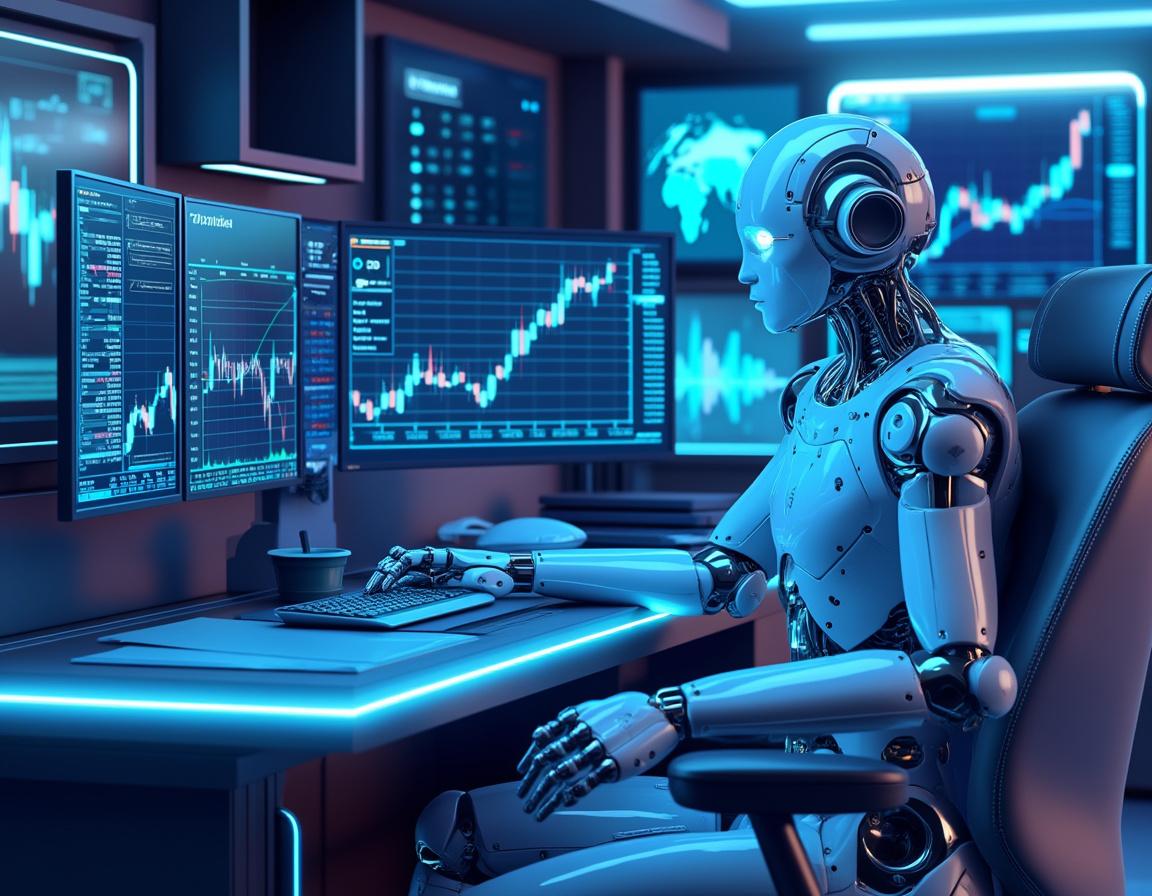 A humanoid AI trading bot analyzes market data at a high-tech workstation with multiple screens.