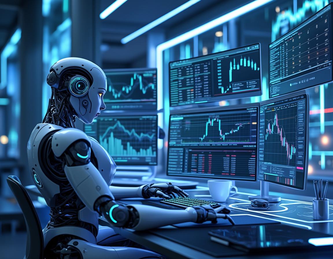A hyper-realistic AI trading bot at a workstation analyzing market data on multiple screens in 3D.