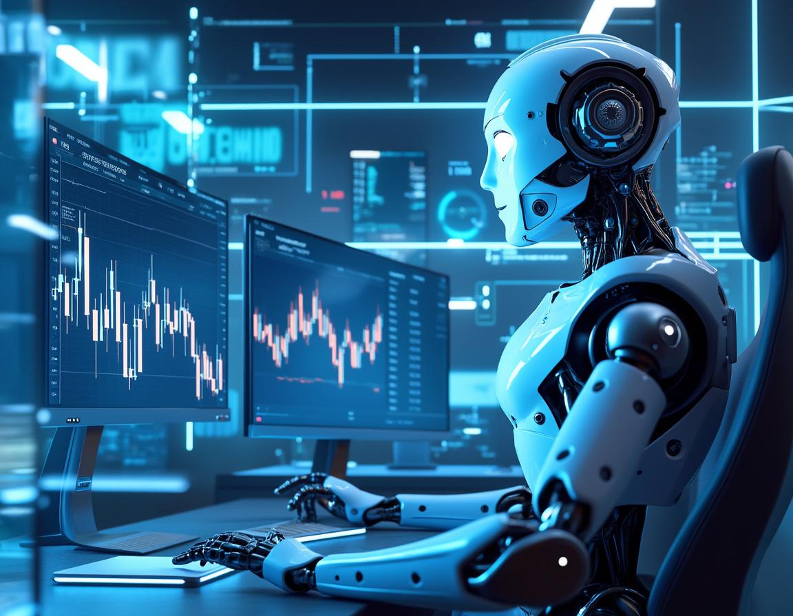 A hyper-realistic AI trading bot in a futuristic workstation analyzing crypto and stock market data.