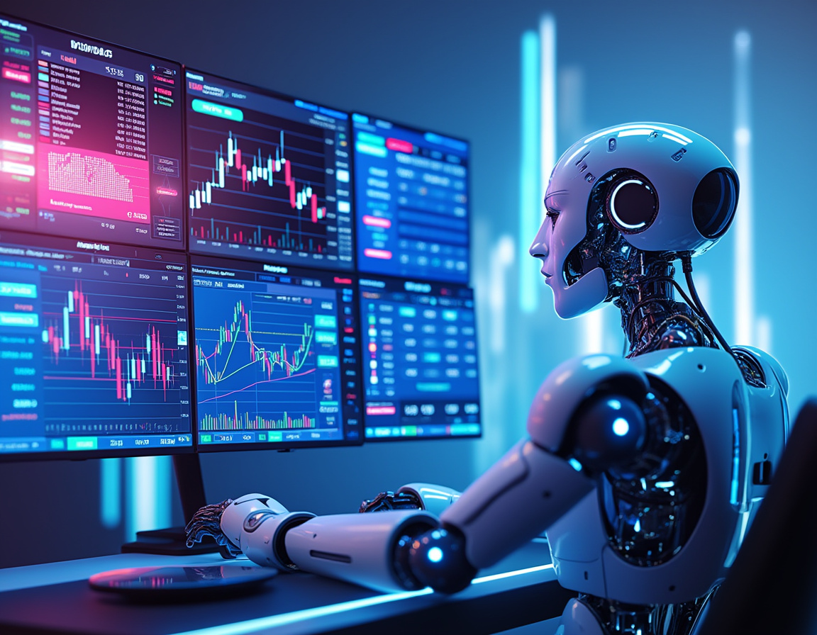 A hyper-realistic AI trading bot analyzes market data on multiple screens in a futuristic workspace.