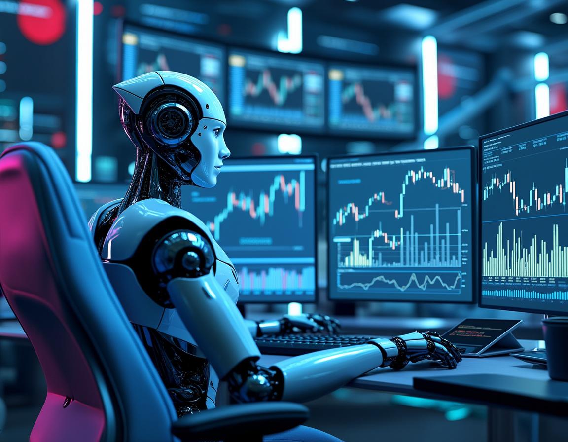 A hyper-realistic AI trading bot at a workstation analyzing market data across multiple screens.