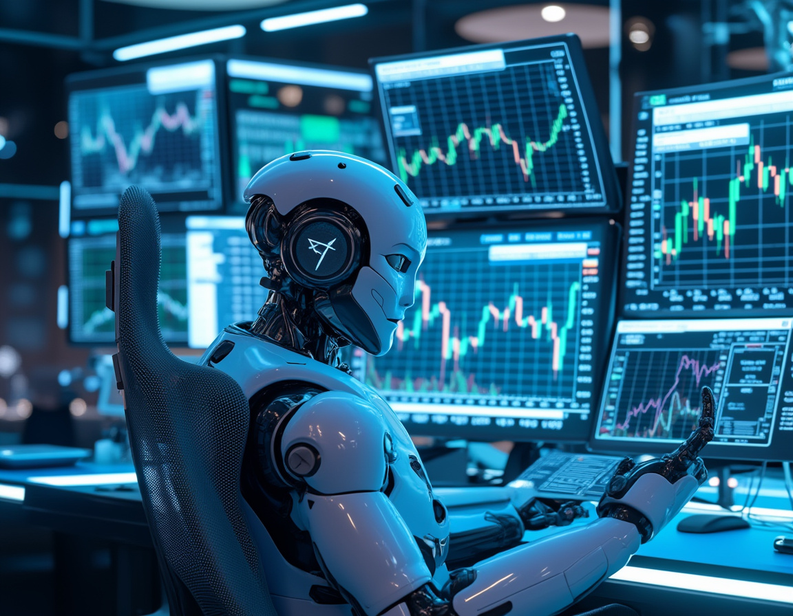 A humanoid AI trading bot at a high-tech workstation analyzing market data on multiple screens.