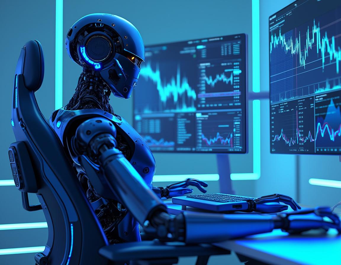 A sleek humanoid AI trading bot at a high-tech workstation analyzing multiple market data screens.