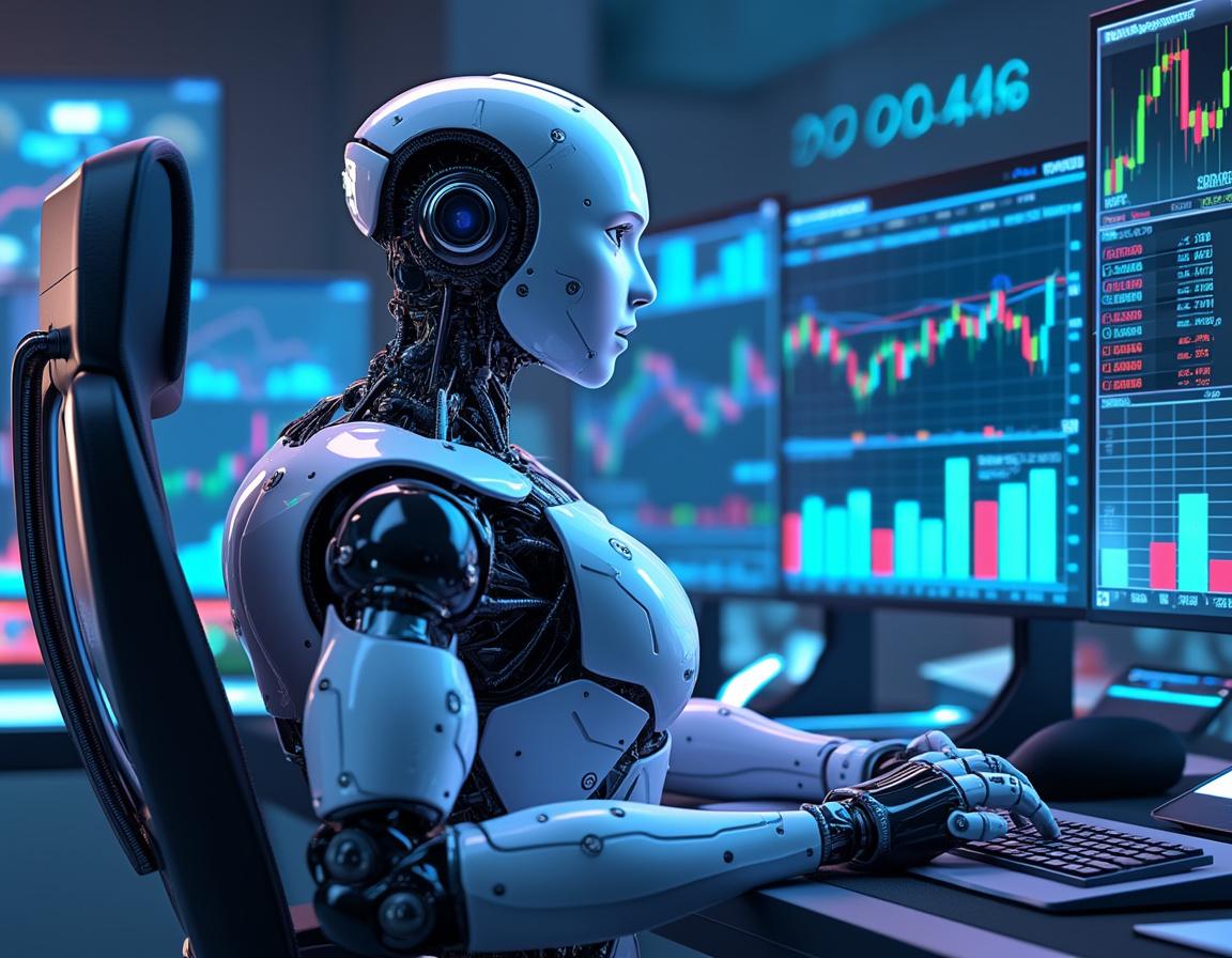 A hyper-realistic AI trading bot at a high-tech workstation, analyzing markets on multiple screens.