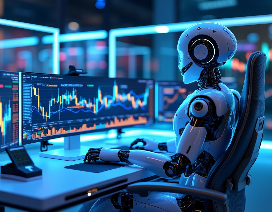 A humanoid AI trading bot analyzes market data at a high-tech workstation with multiple screens.