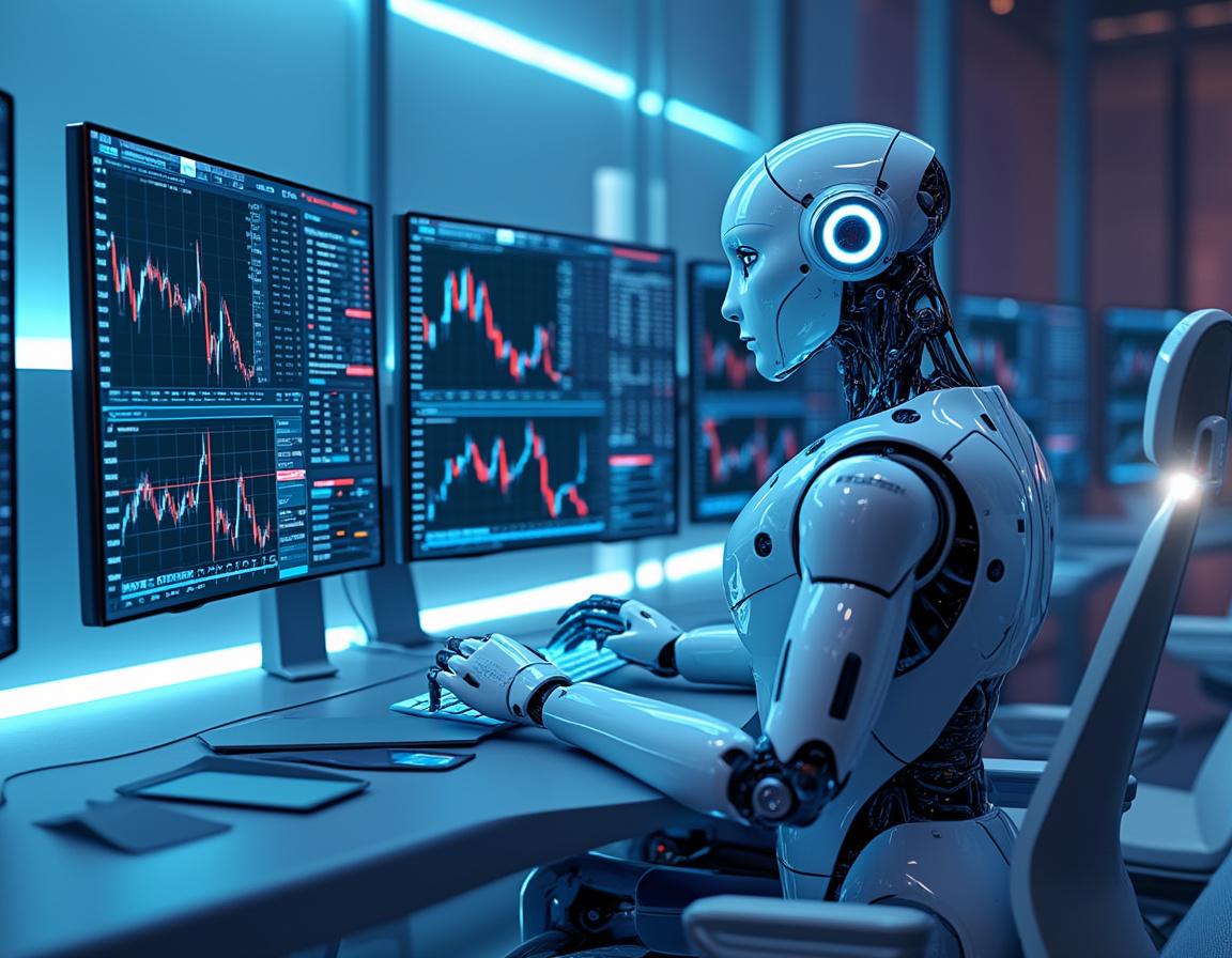 A humanoid AI trading bot analyzes market data at a sleek workstation with multiple glowing screens.