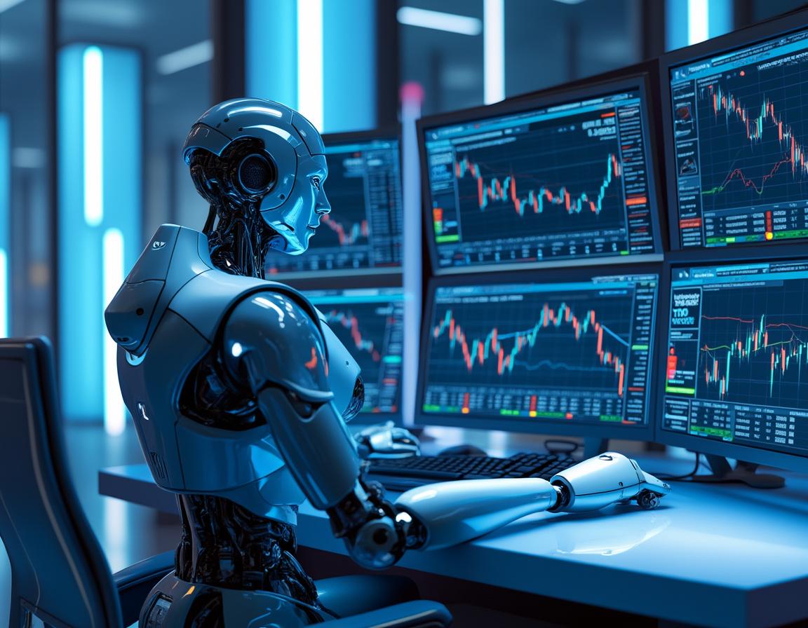 A humanoid AI trading bot analyzes market data at a high-tech workstation with glowing screens.