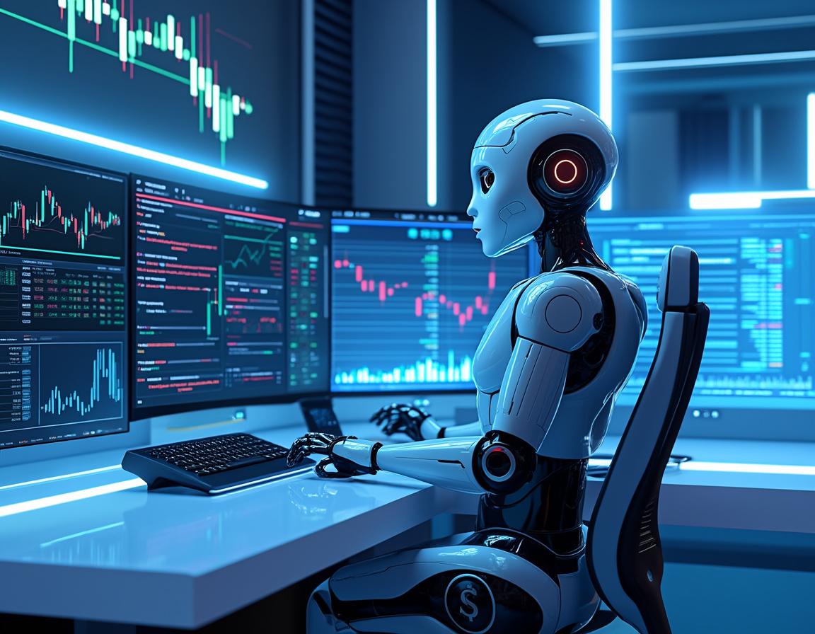 A humanoid AI trading bot at a high-tech workstation analyzing market data across multiple screens.