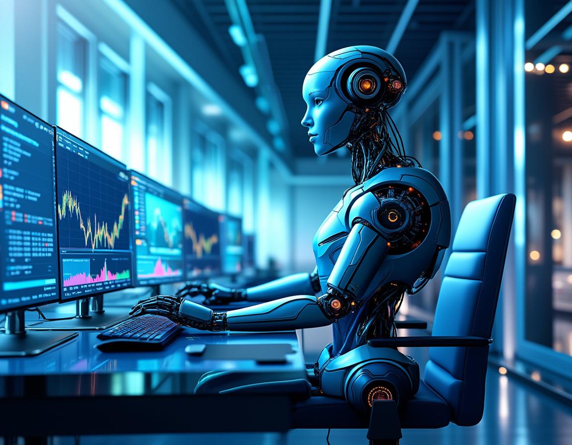A hyper-realistic AI trading bot at a workstation analyzing market data across multiple screens.