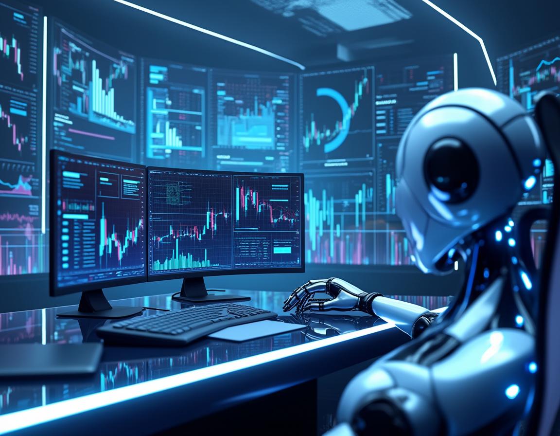 A humanoid AI trading bot at a high-tech workstation, analyzing market data on multiple screens.