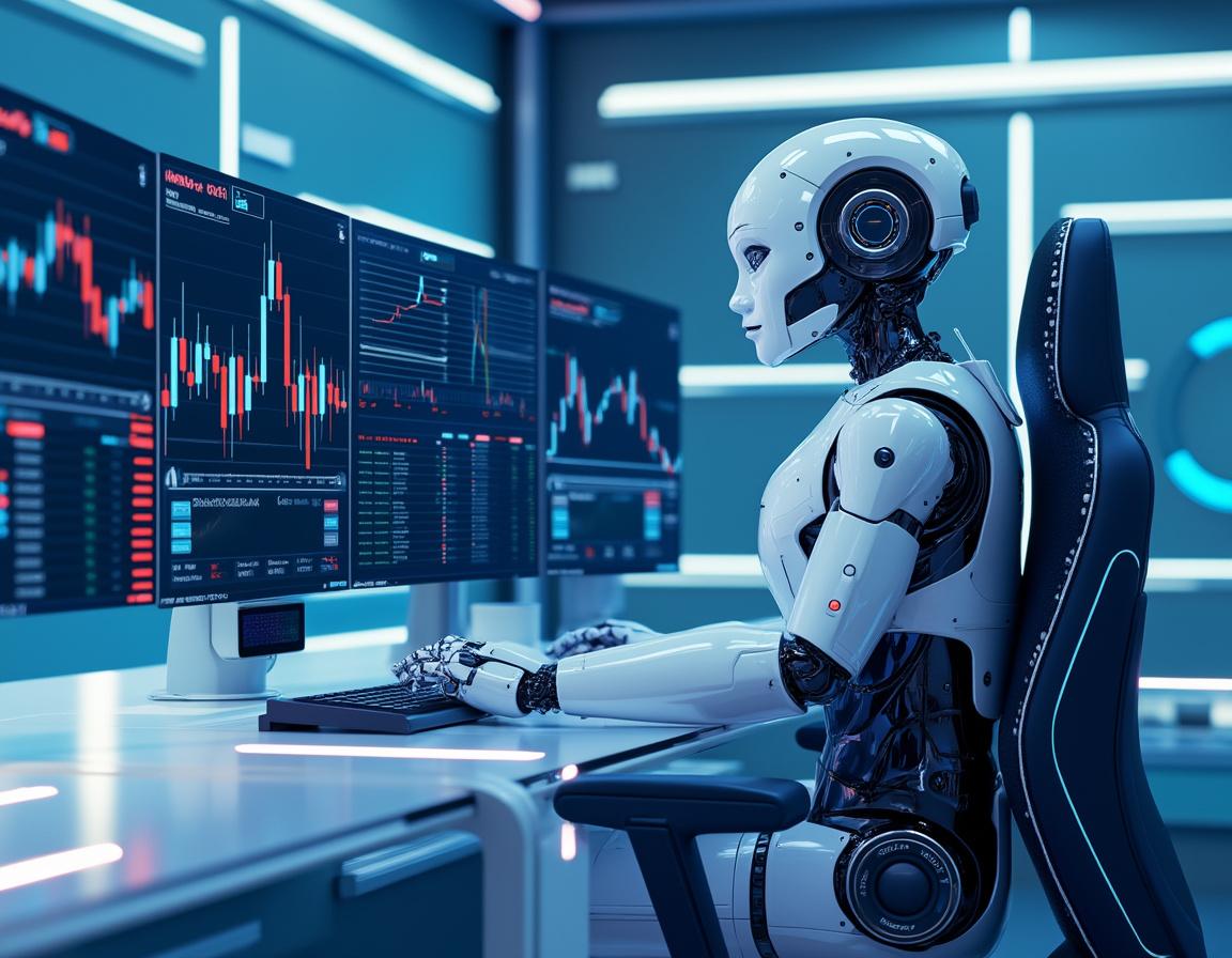 A hyper-realistic AI trading bot analyzes market data on multiple screens in a futuristic setting.