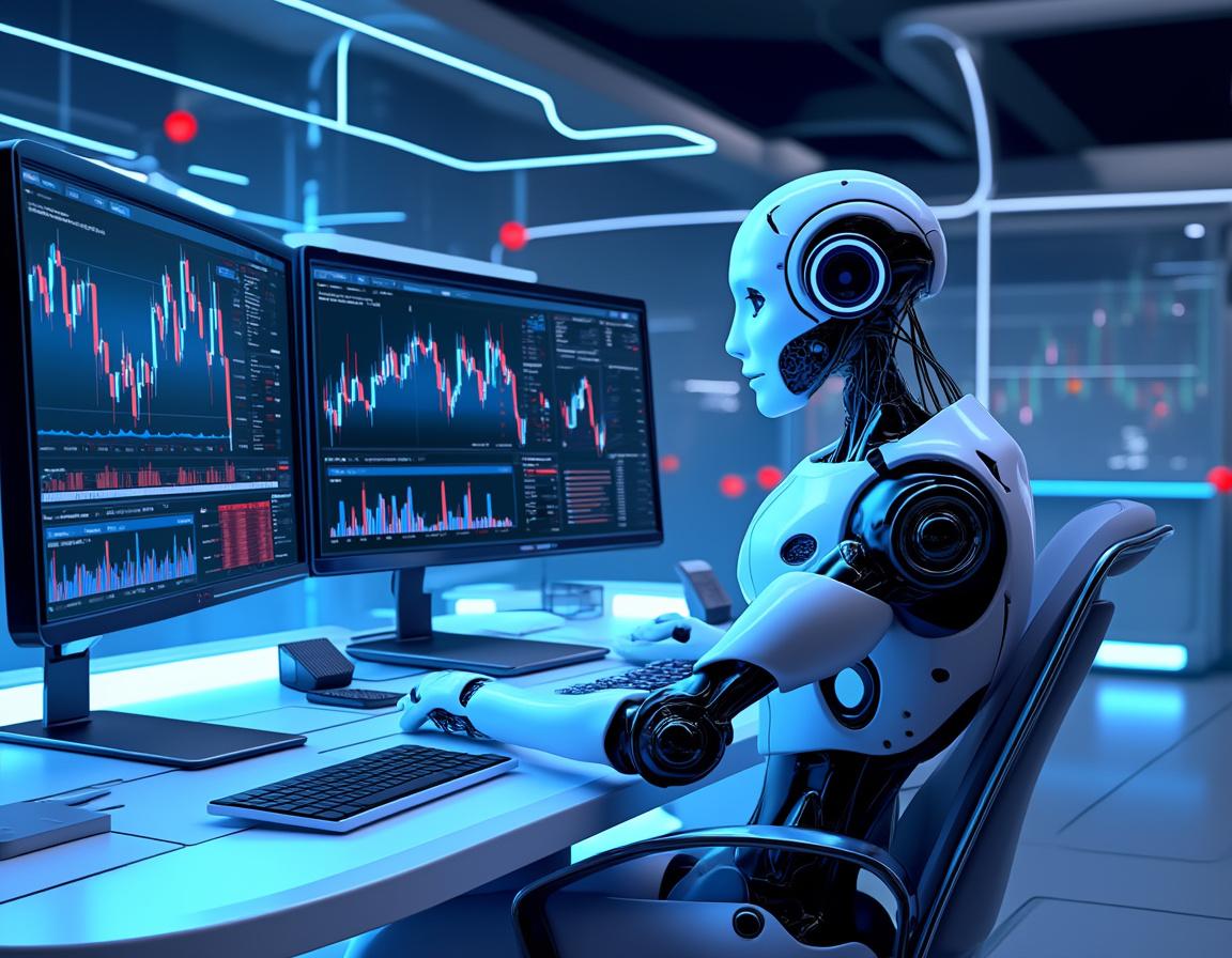 A hyper-realistic AI trading bot at a workstation analyzing market data on multiple glowing screens.