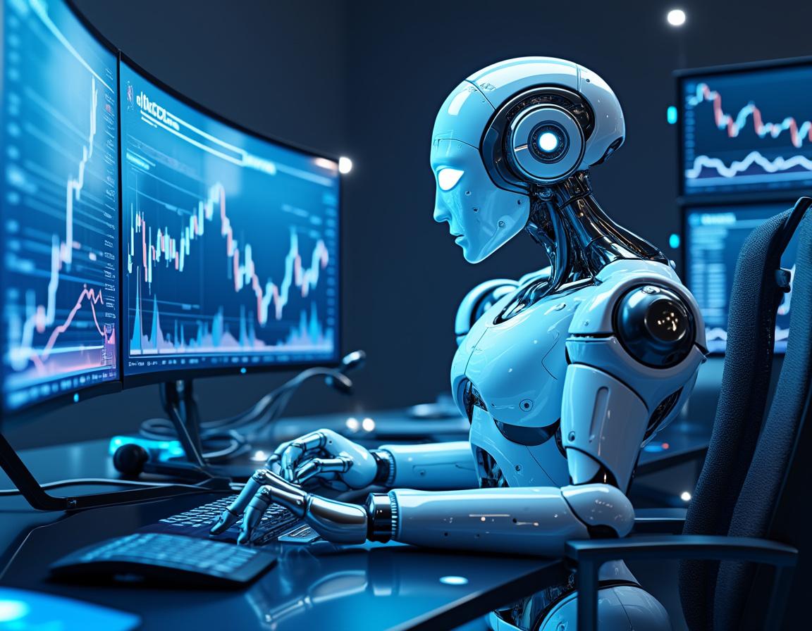 A hyper-realistic AI trading bot seated at a workstation, analyzing market data on multiple screens.